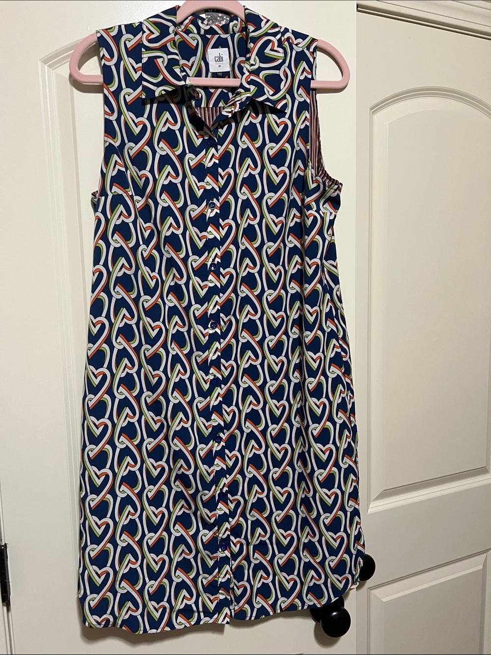 CAbi Navy Sleeveless Button-Front Heart-Chain Print dress H46